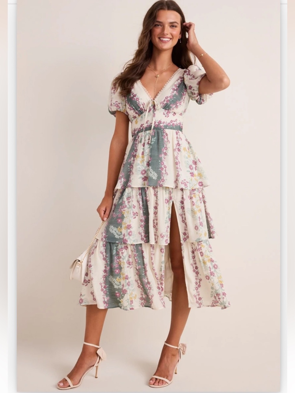 Francesca’s Hillary V Neck Tiered Floral Cottagecore Midi Dress Size XL